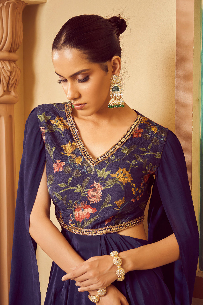 Blue Silk Embroidered Fusion Wear