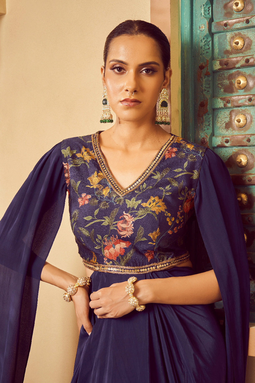 Blue Silk Embroidered Fusion Wear