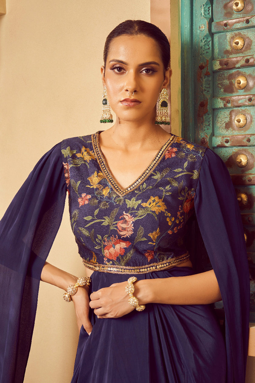 Blue Silk Embroidered Fusion Wear