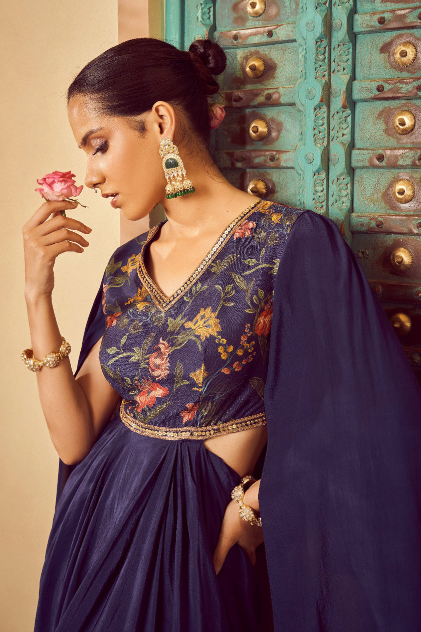 Blue Silk Embroidered Fusion Wear