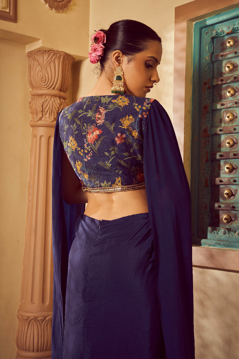 Blue Silk Embroidered Fusion Wear