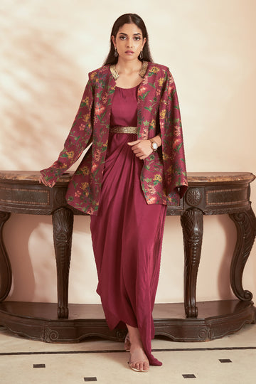 Magenta Silk and Crepe Embroidered Fusion Wear