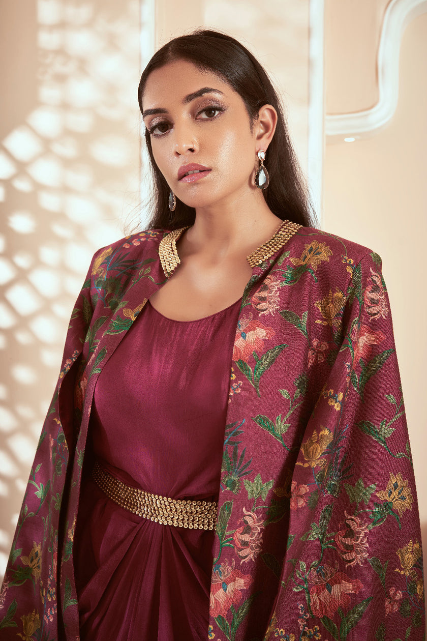 Magenta Silk and Crepe Embroidered Fusion Wear