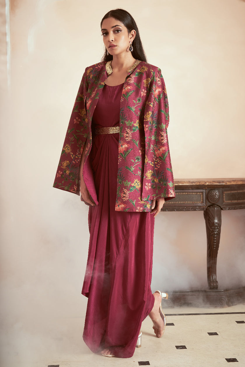 Magenta Silk and Crepe Embroidered Fusion Wear