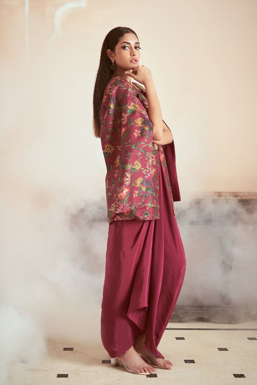 Magenta Silk and Crepe Embroidered Fusion Wear