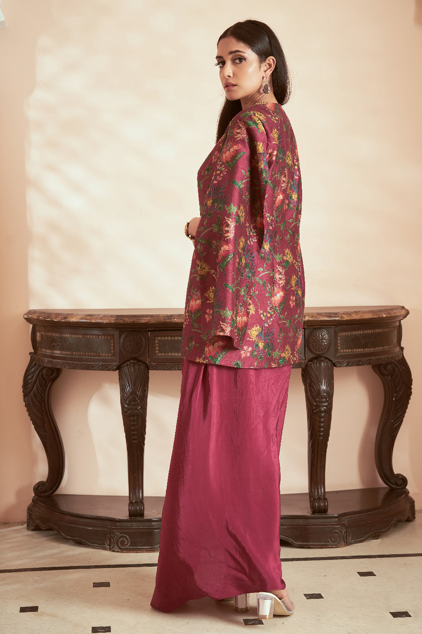 Magenta Silk and Crepe Embroidered Fusion Wear
