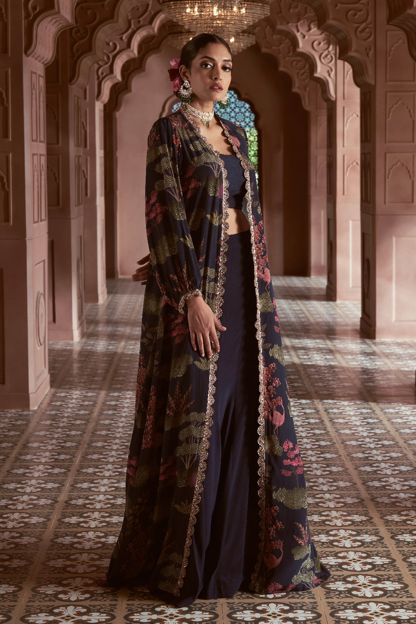 Navy Blue Crepe Embroidered Fusion Wear