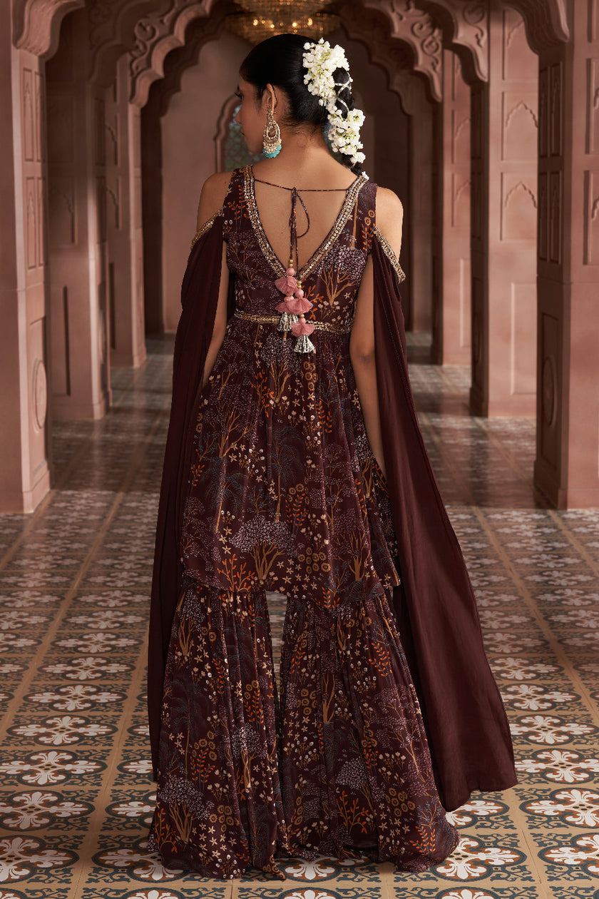 Dark Wine Crepe Embroidered Kurta Set