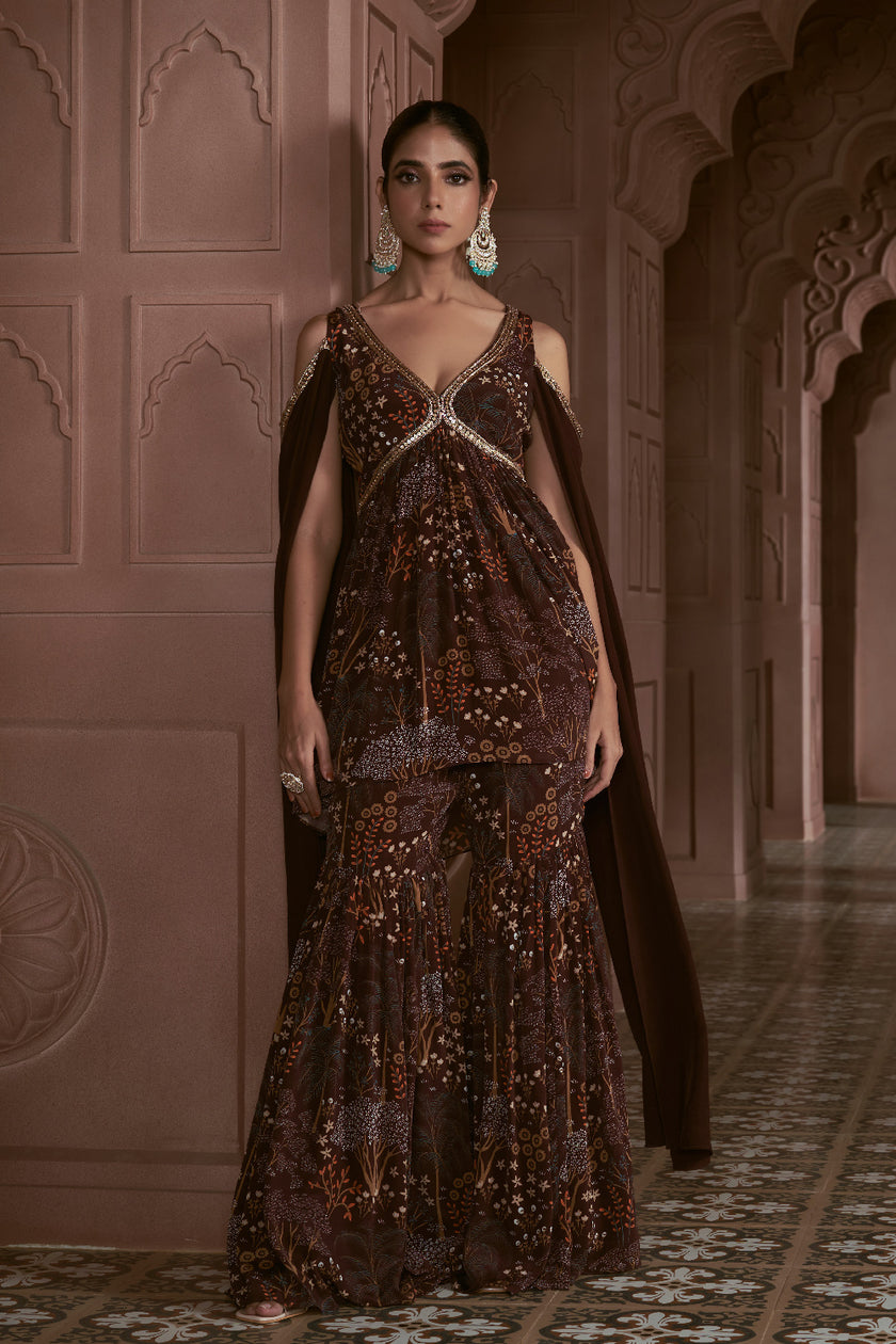 Dark Wine Crepe Embroidered Kurta Set