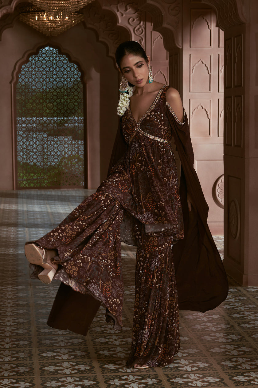 Dark Wine Crepe Embroidered Kurta Set