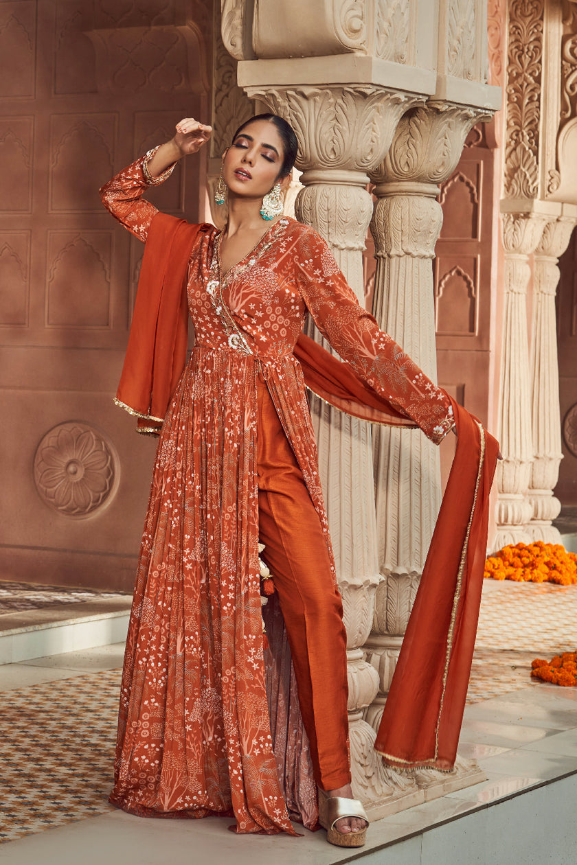 Rust Orange Crepe Silk Embroidered Anarkali set
