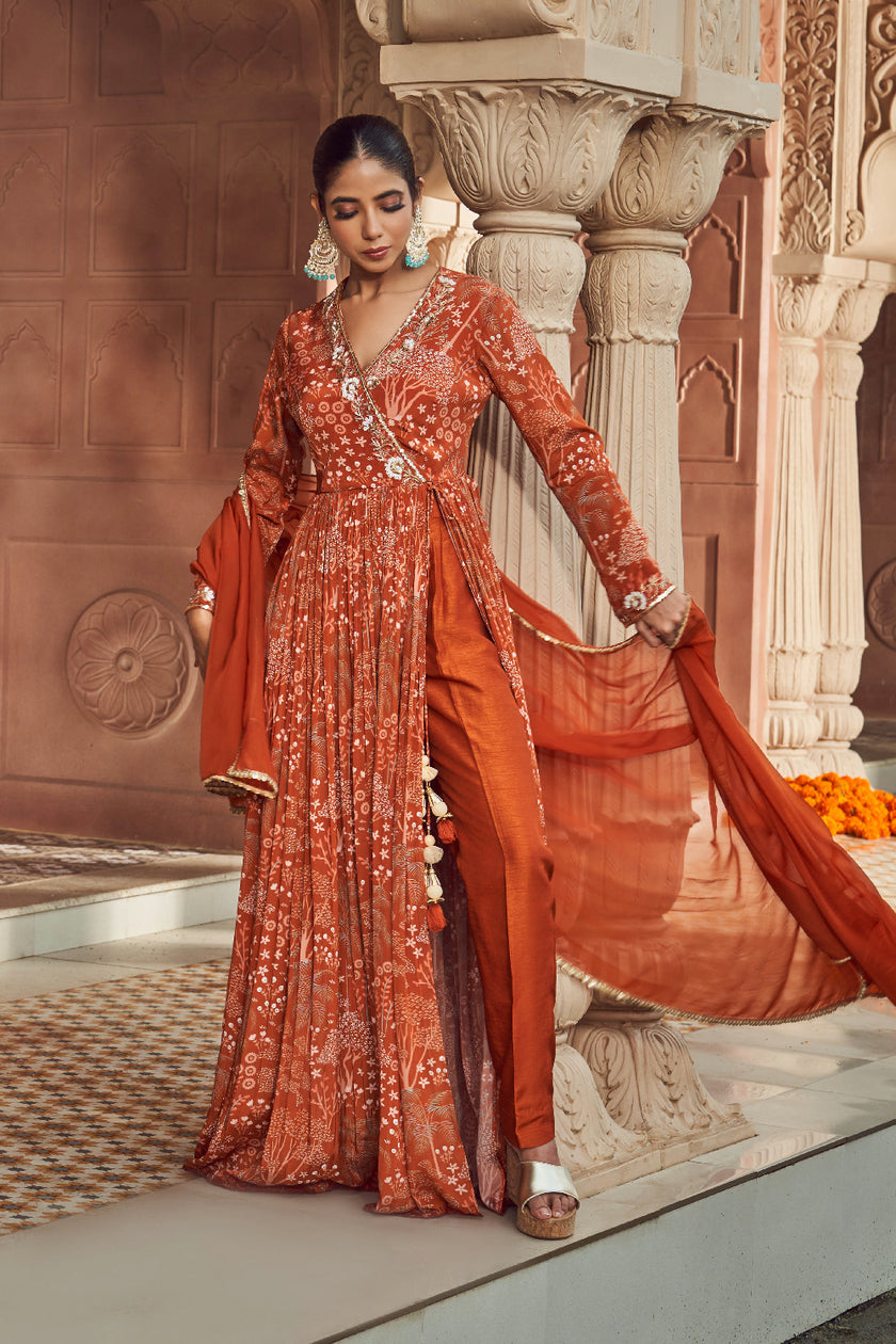 Rust Orange Crepe Silk Embroidered Anarkali set