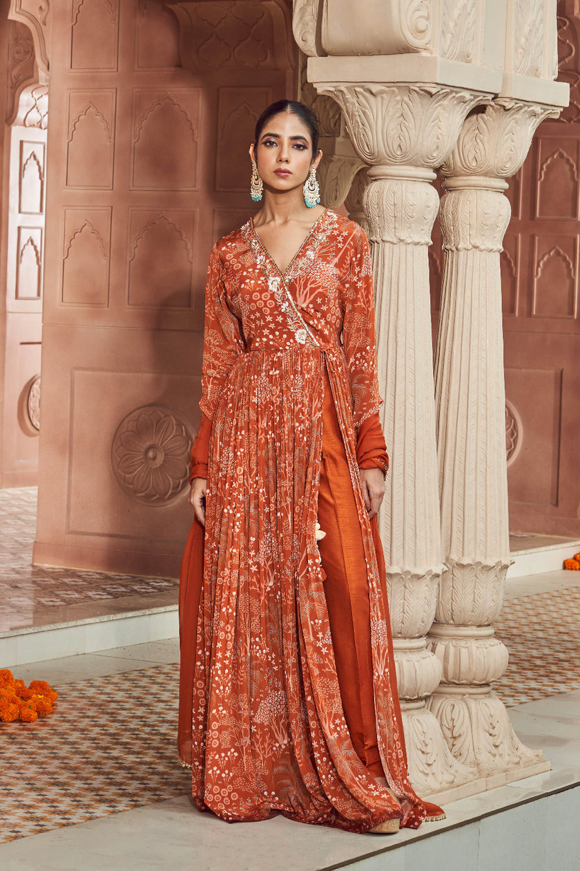 Rust Orange Crepe Silk Embroidered Anarkali set
