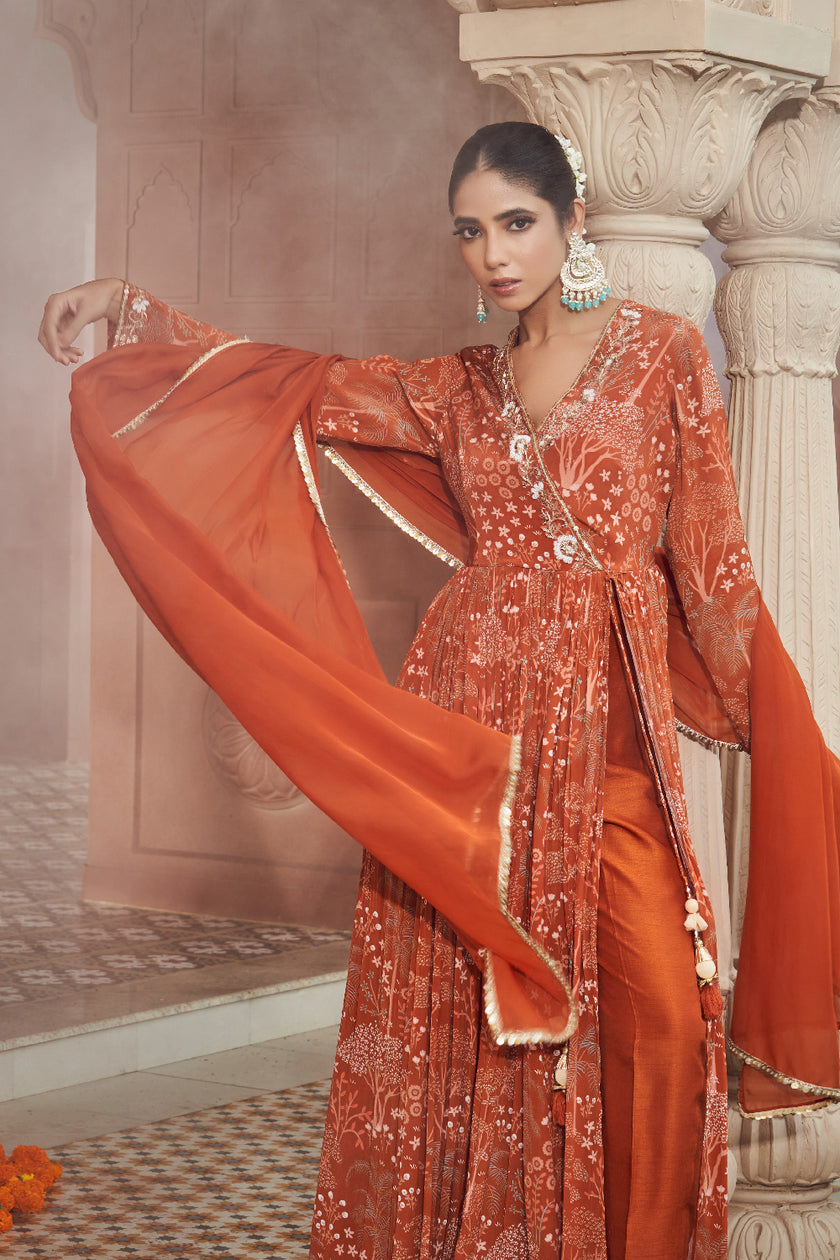 Rust Orange Crepe Silk Embroidered Anarkali set