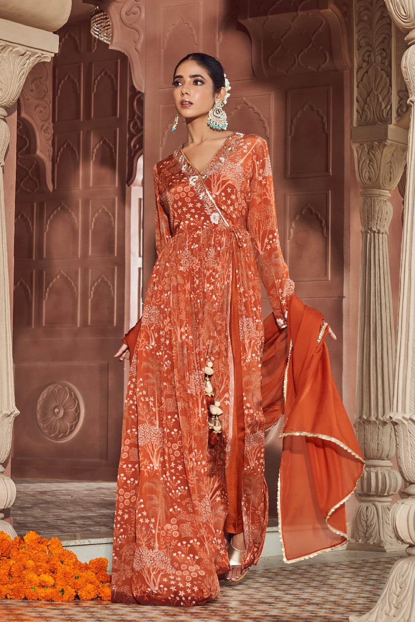 Rust Orange Crepe Silk Embroidered Anarkali set