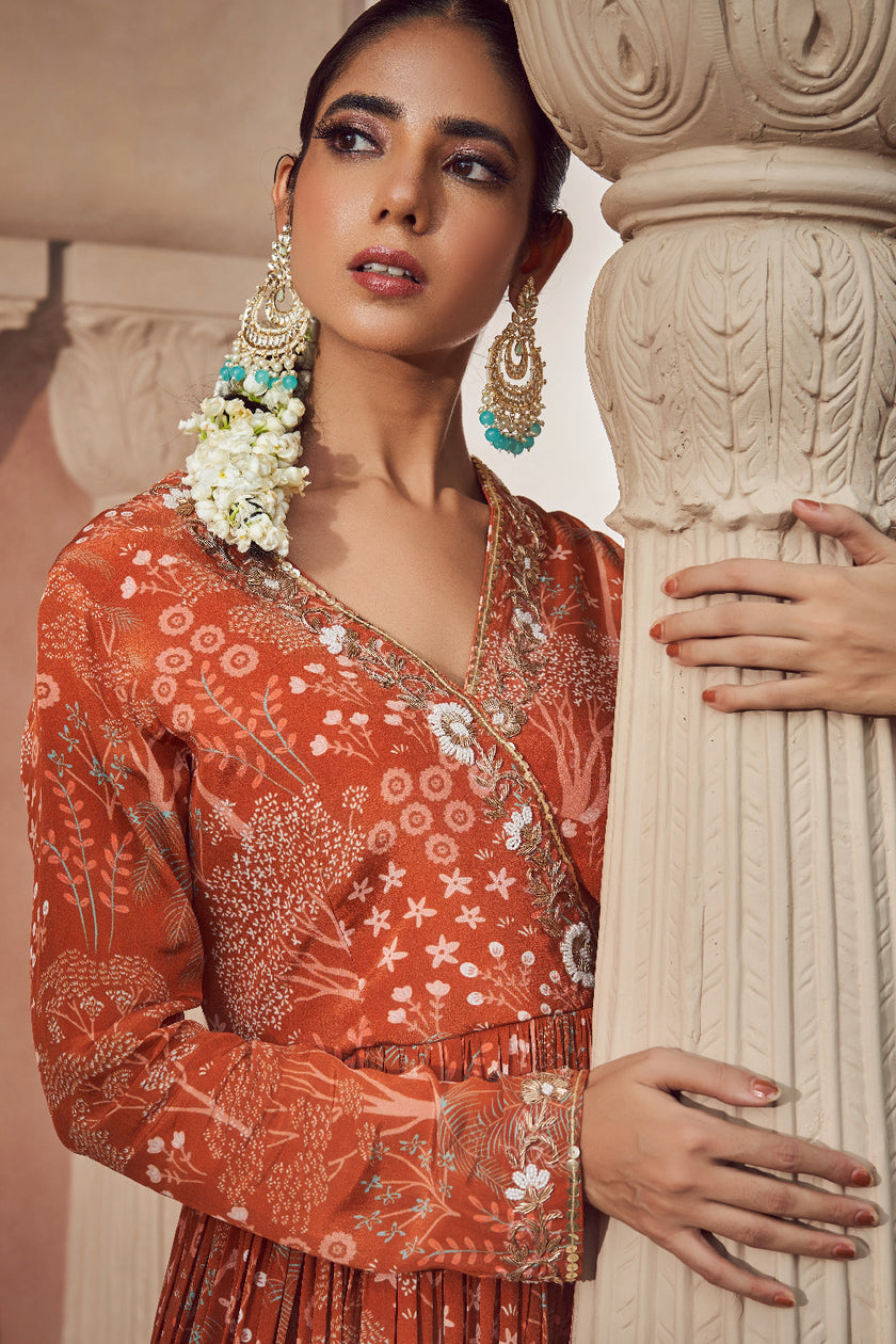 Rust Orange Crepe Silk Embroidered Anarkali set