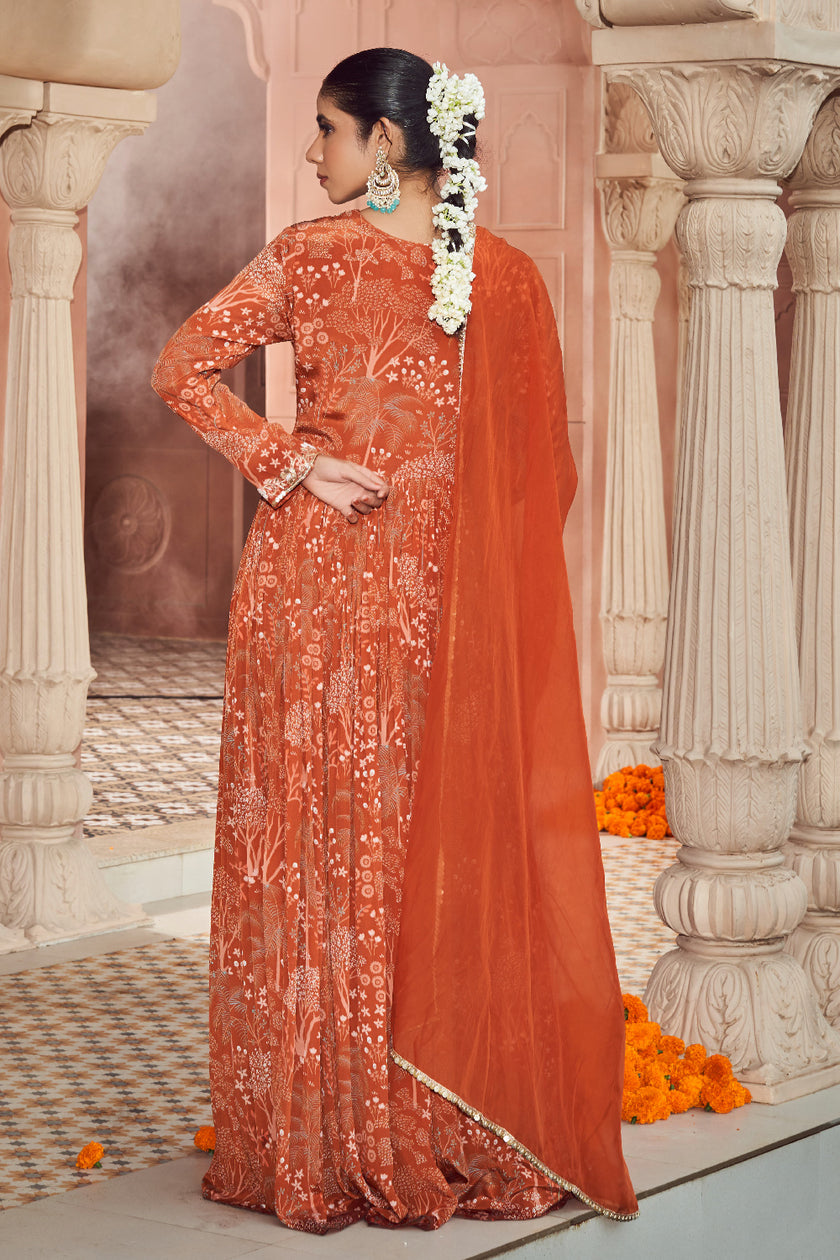 Rust Orange Crepe Silk Embroidered Anarkali set