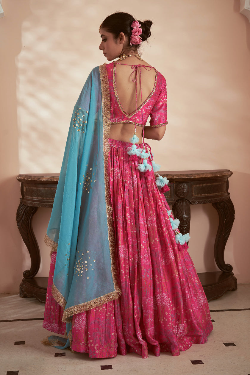 Printed Pink Embroidered Lehenga Set