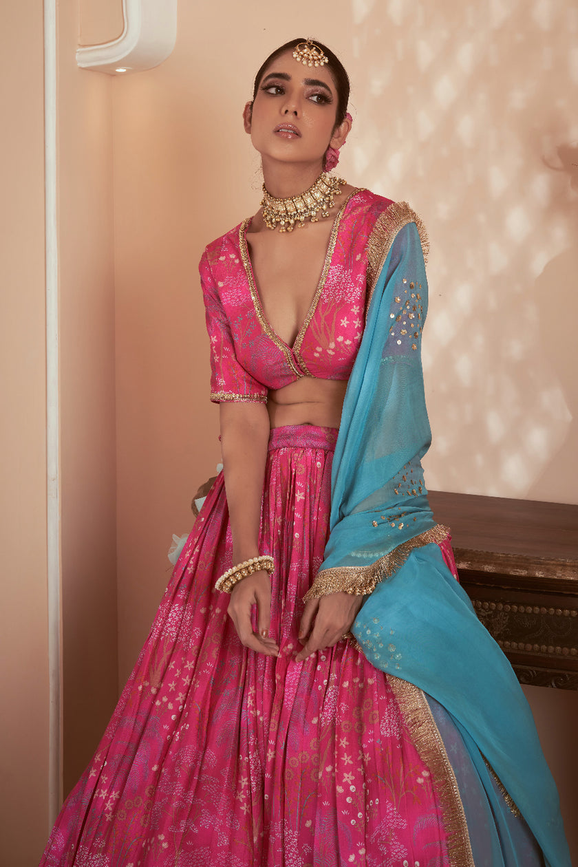 Printed Pink Embroidered Lehenga Set