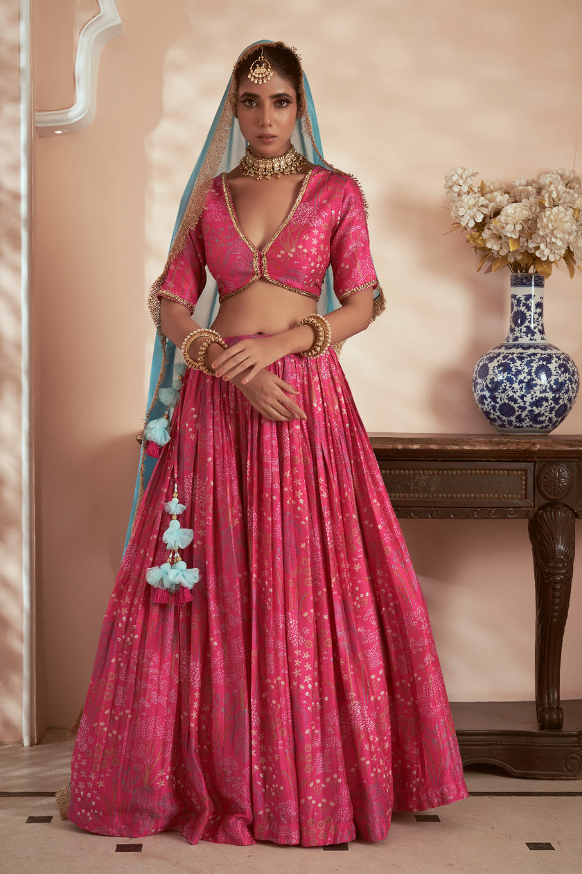 Printed Pink Embroidered Lehenga Set