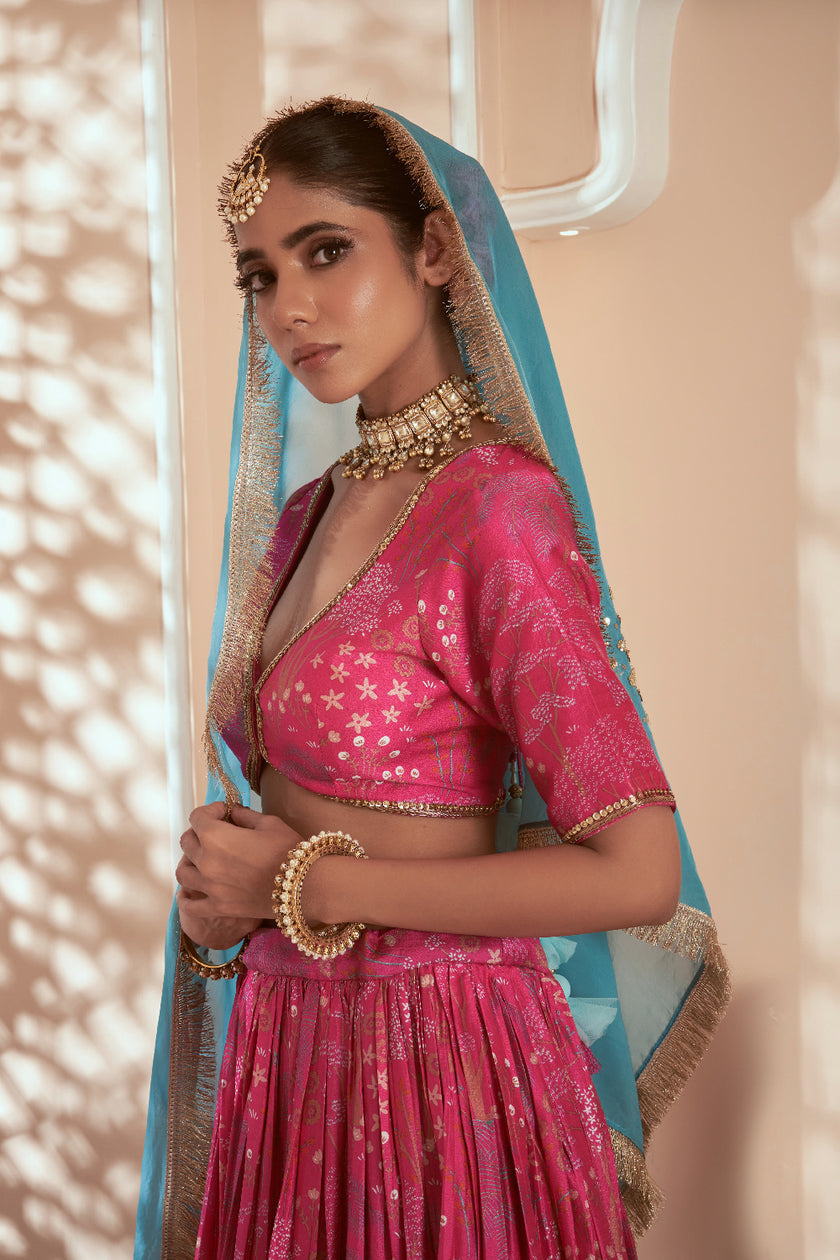 Printed Pink Embroidered Lehenga Set