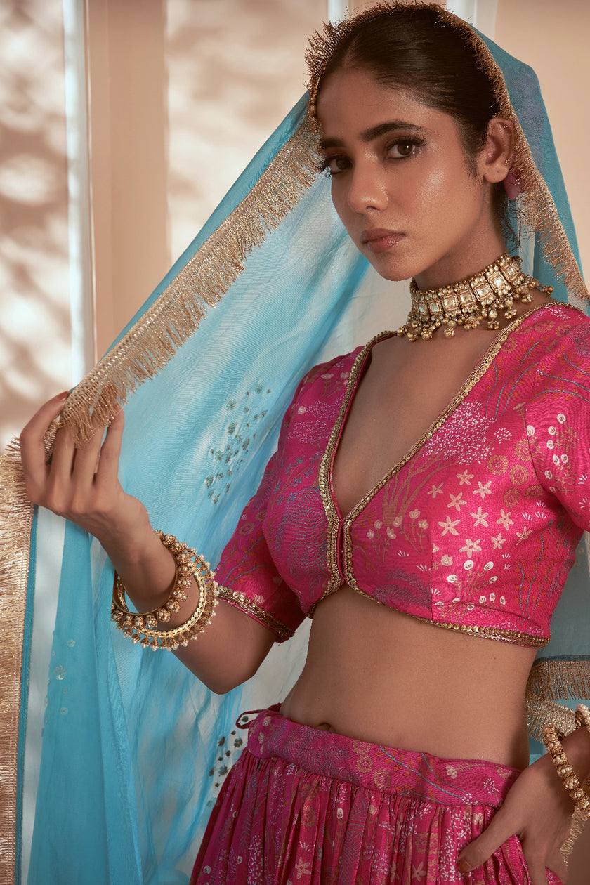 Printed Pink Embroidered Lehenga Set