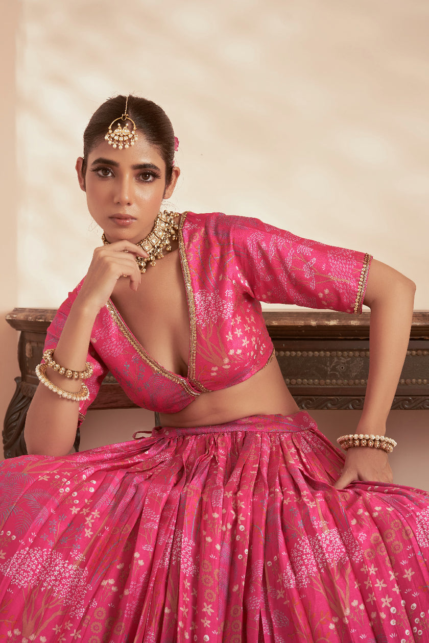Printed Pink Embroidered Lehenga Set