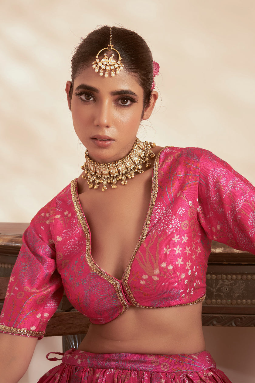 Printed Pink Embroidered Lehenga Set