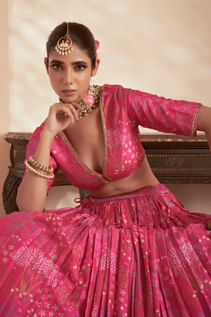 Printed Pink Embroidered Lehenga Set
