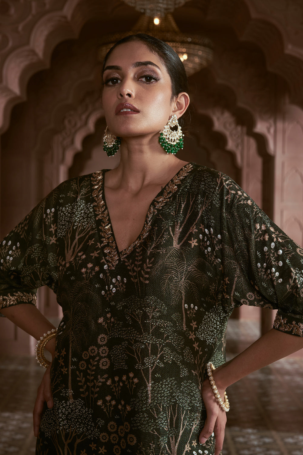 Dark Green Silk Embroidered Kurta Set