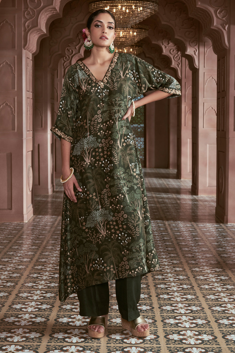 Dark Green Silk Embroidered Kurta Set