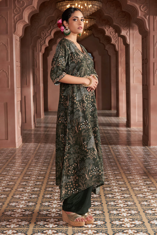 Dark Green Silk Embroidered Kurta Set