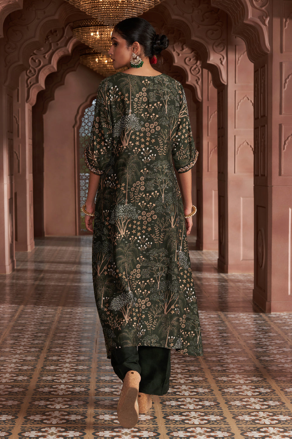 Dark Green Silk Embroidered Kurta Set