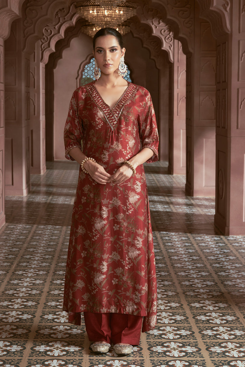 Maroon Bemberg Silk Embroidered Kurta Set