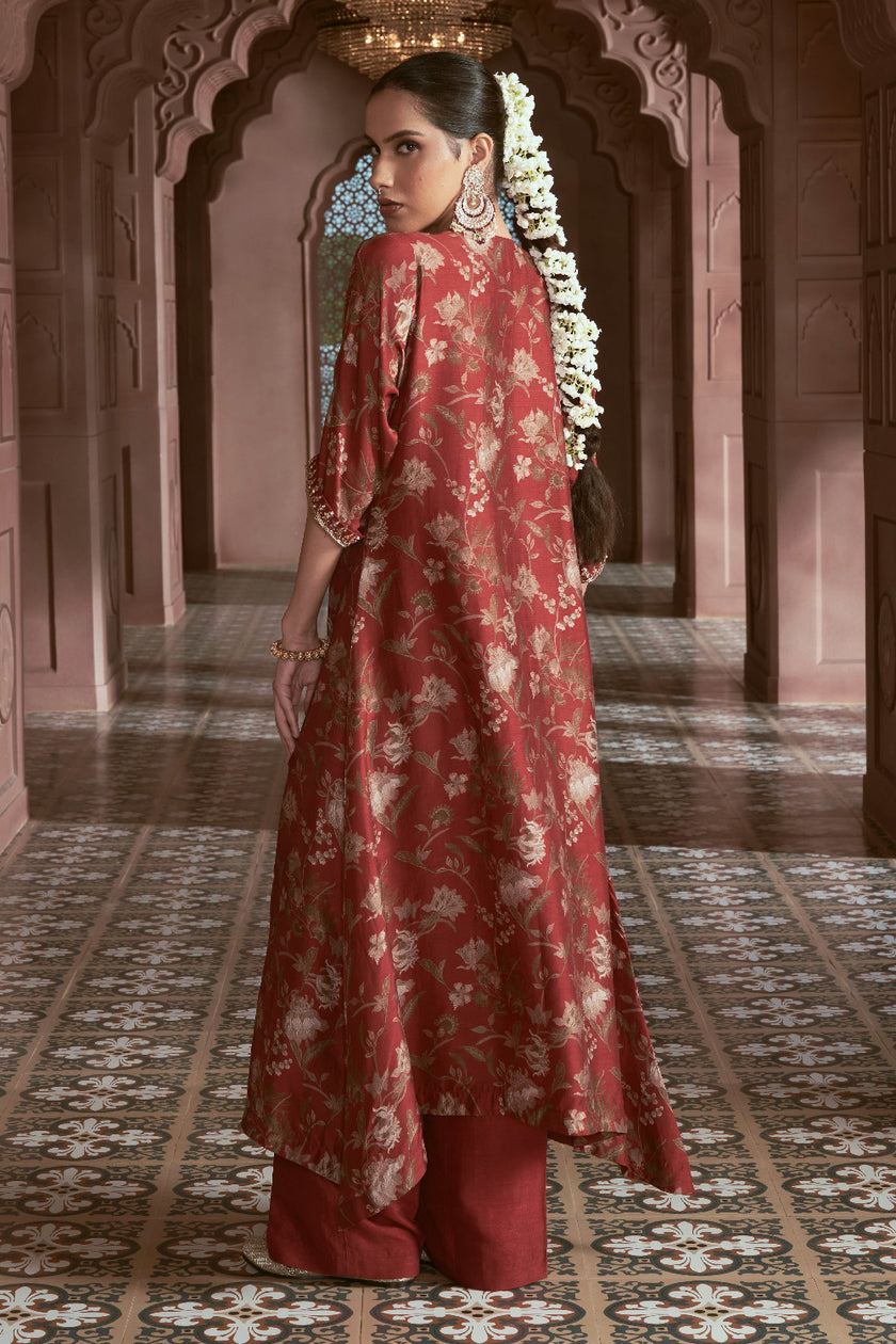 Maroon Bemberg Silk Embroidered Kurta Set