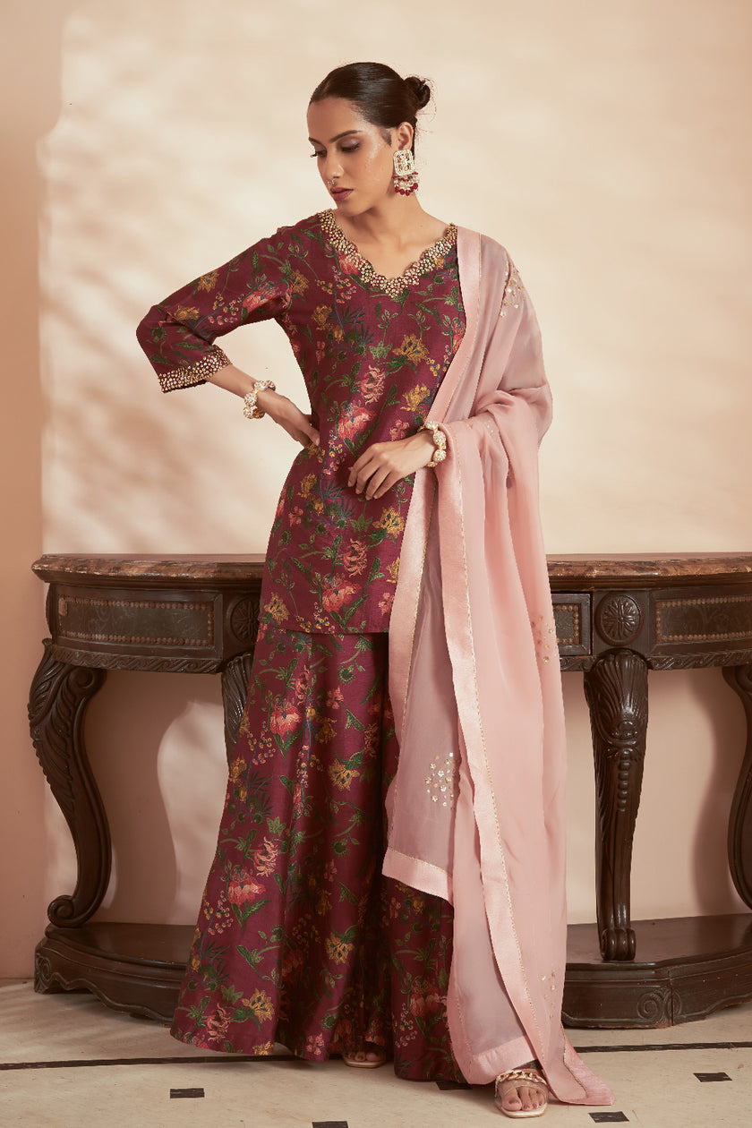 Dark Magenta Silk Organza Embroidered Kurta Set