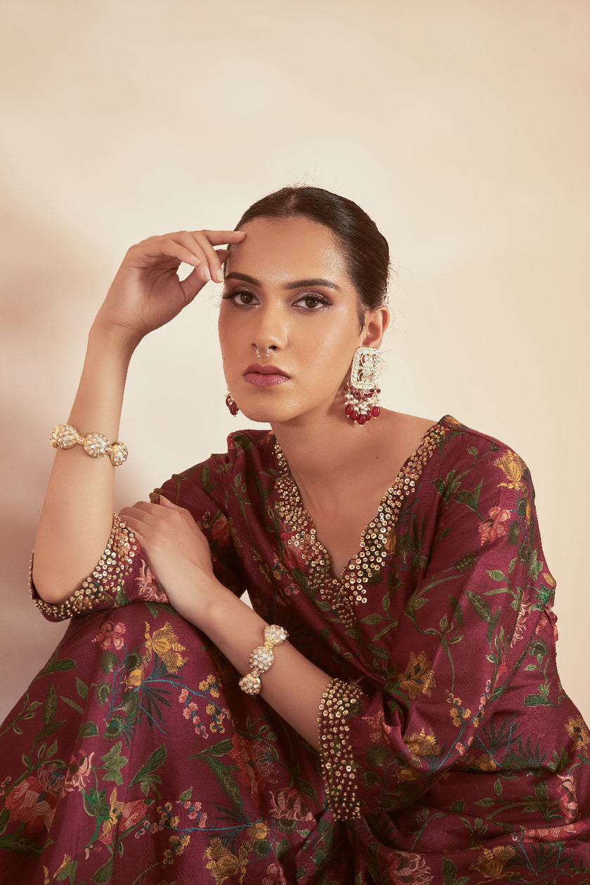 Dark Magenta Silk Organza Embroidered Kurta Set