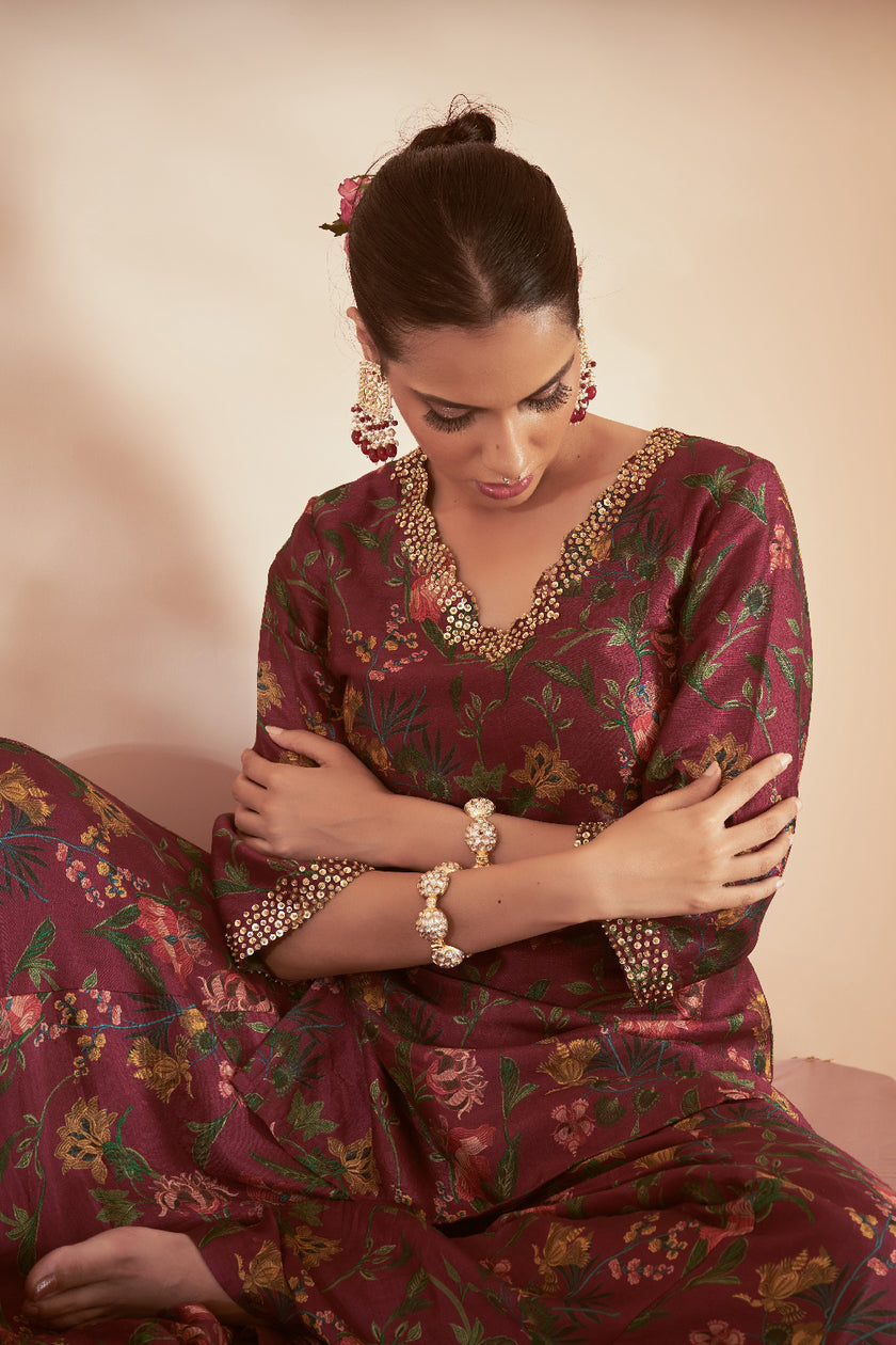 Dark Magenta Silk Organza Embroidered Kurta Set