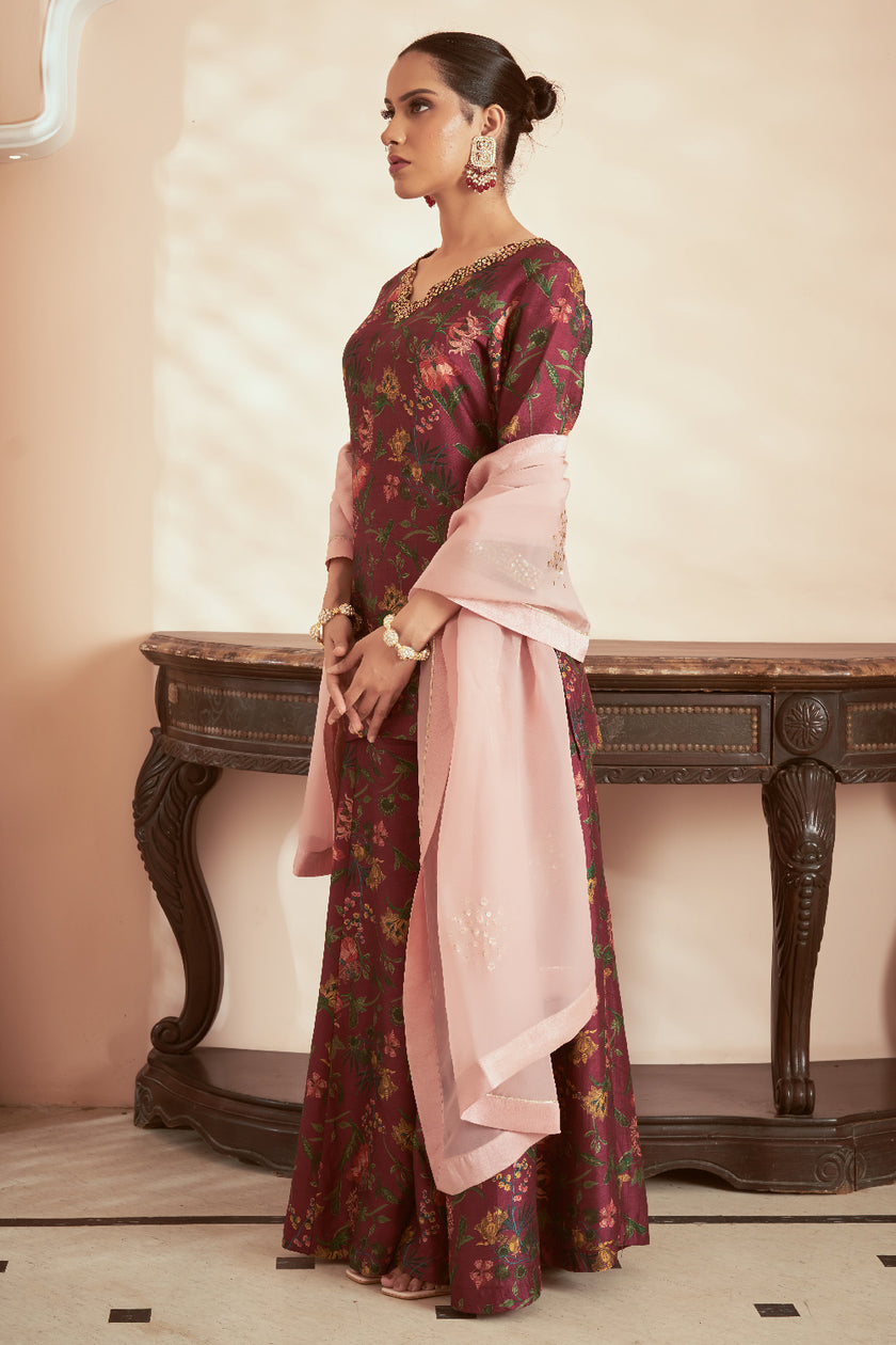 Dark Magenta Silk Organza Embroidered Kurta Set