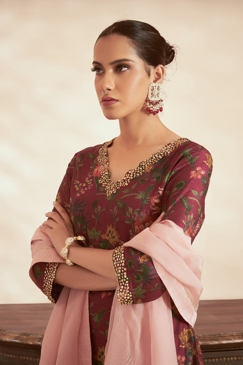 Dark Magenta Silk Organza Embroidered Kurta Set