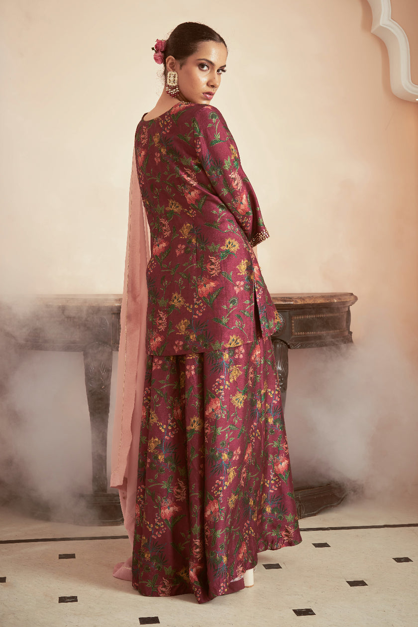 Dark Magenta Silk Organza Embroidered Kurta Set