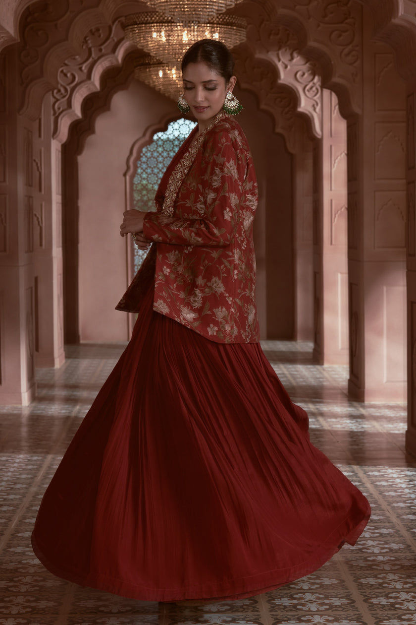 Maroon Silk and Crepe Embroidered Fusion Wear