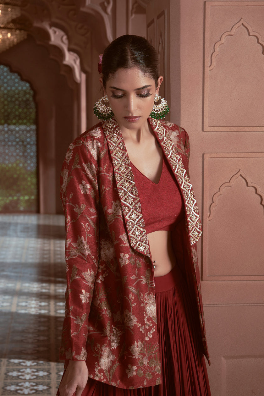 Maroon Silk and Crepe Embroidered Fusion Wear