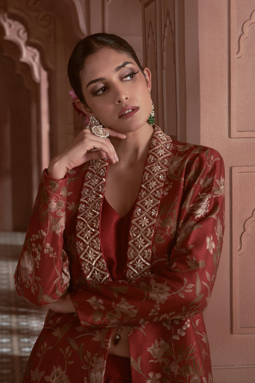 Maroon Silk and Crepe Embroidered Fusion Wear