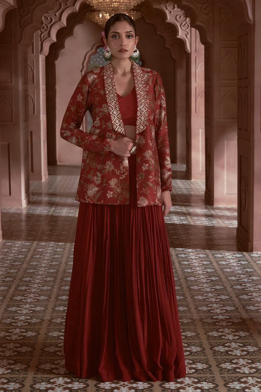 Maroon Silk and Crepe Embroidered Fusion Wear