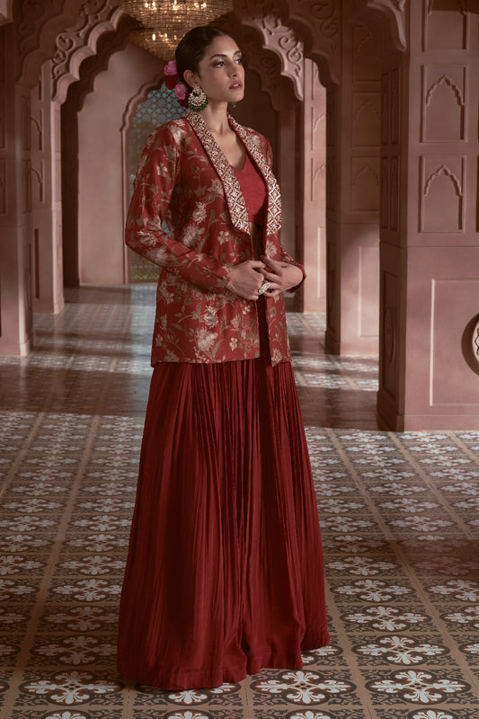 Maroon Silk and Crepe Embroidered Fusion Wear