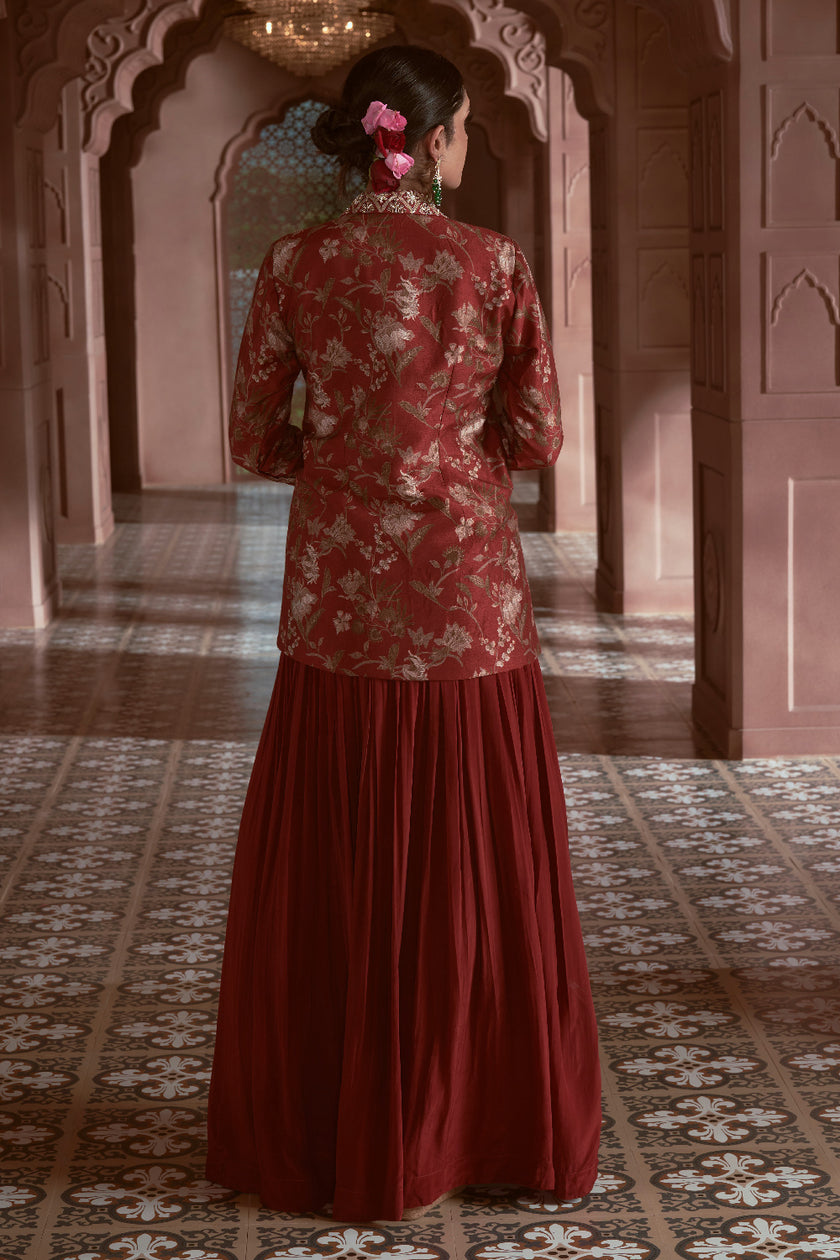 Maroon Silk and Crepe Embroidered Fusion Wear