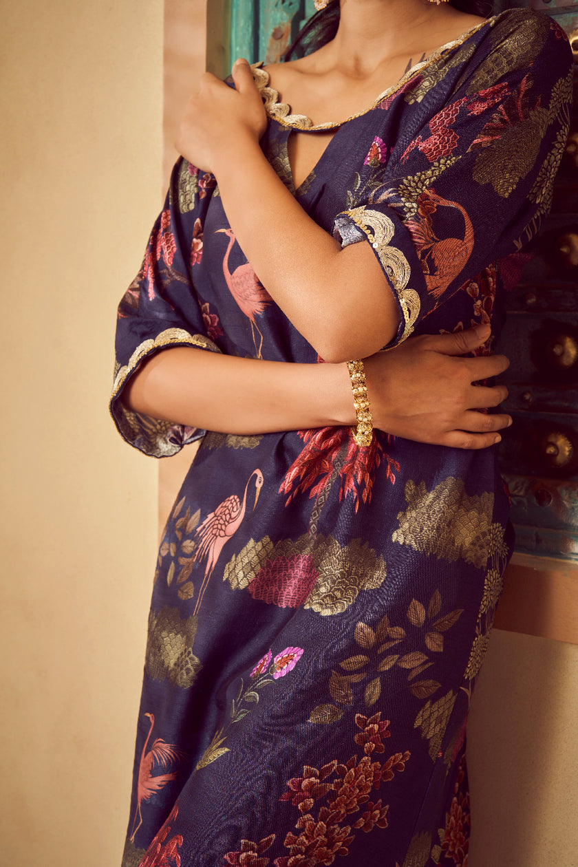 Dark Blue Silk Embroidered Kurta Set