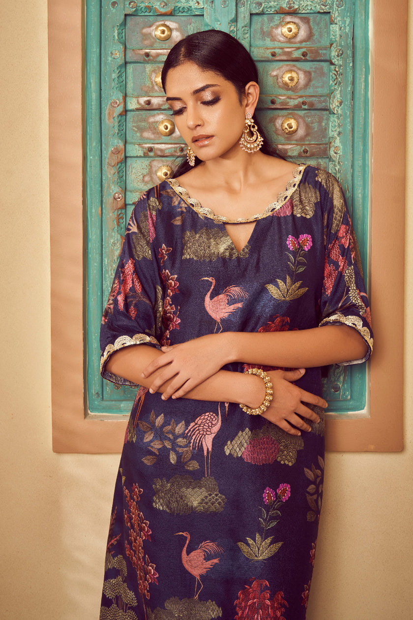 Dark Blue Silk Embroidered Kurta Set