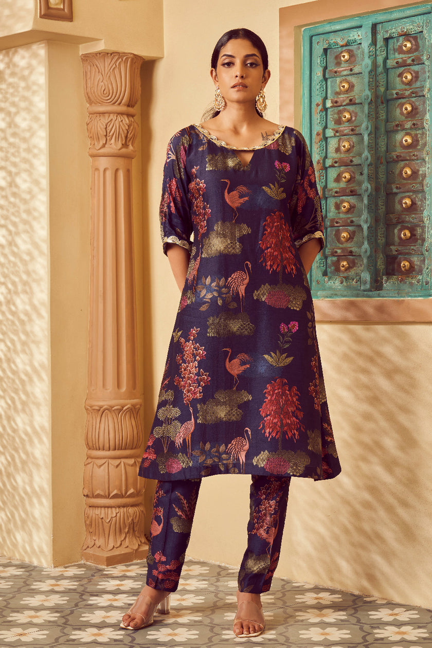 Dark Blue Silk Embroidered Kurta Set
